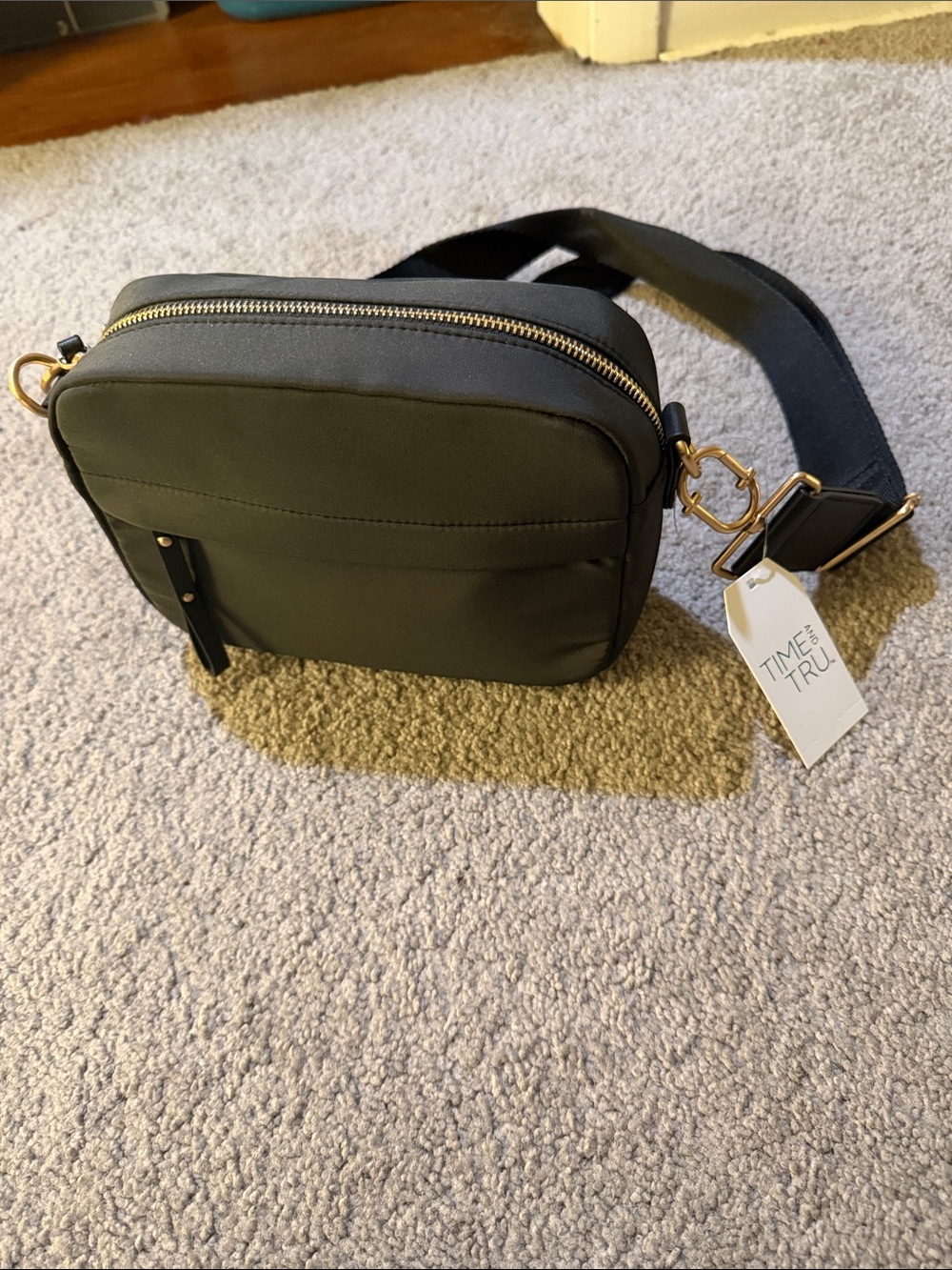 Time and Tru Olive Green and Black Crossbody Belt Bag with Gold Hardware